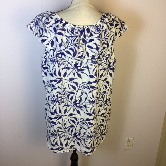 Caffe Marrakesh Blouse Top Sz L Womans Blue Leaf Print Ruffle V-neck Sleeveless - Picture 3 of 14